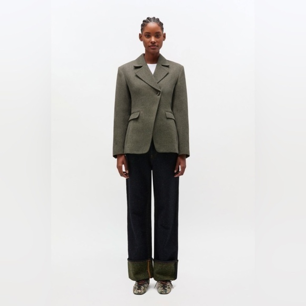 GANNI Drapey Double-Breasted Asymmetrical Button Blazer Gray Melange US 8/10